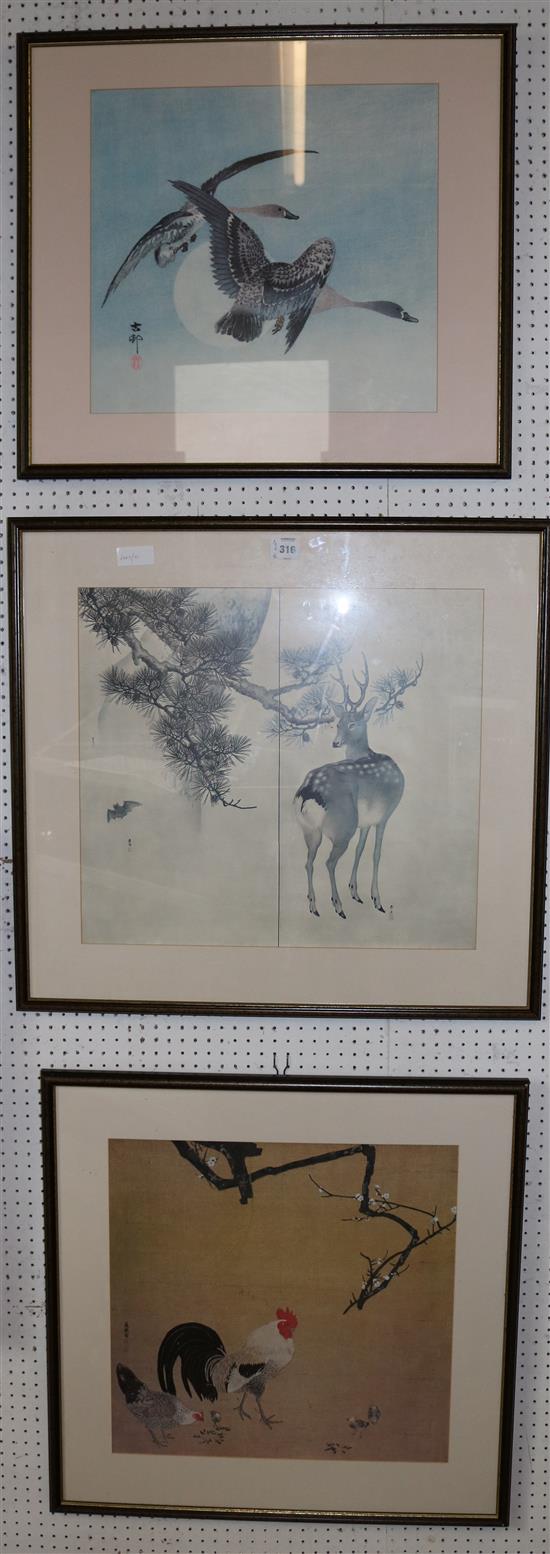 3 large framed Chinese prints - cockerel, ducks and fawn(-)